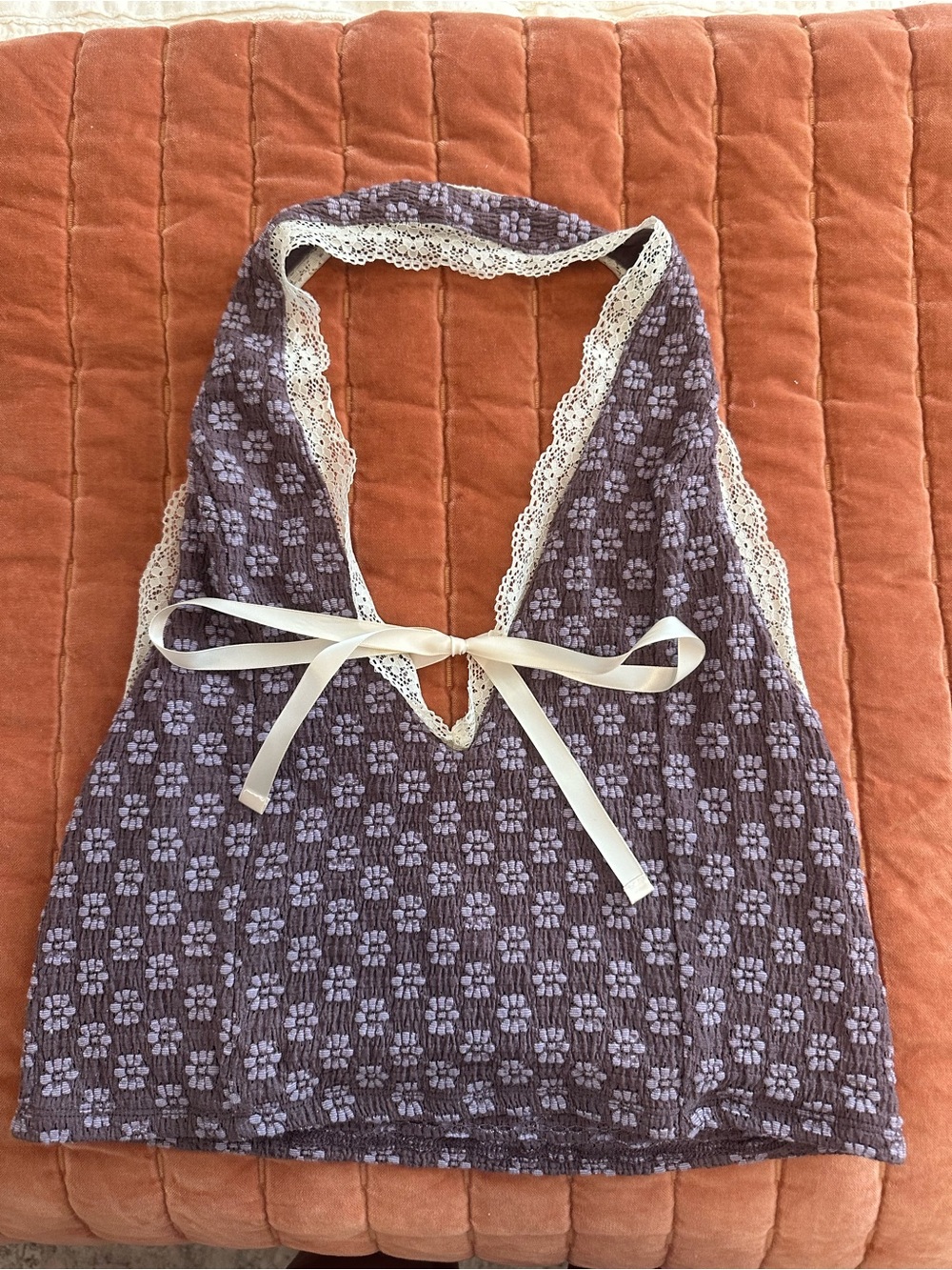 Lavender Halter Lace-Trim Tie-Front Top